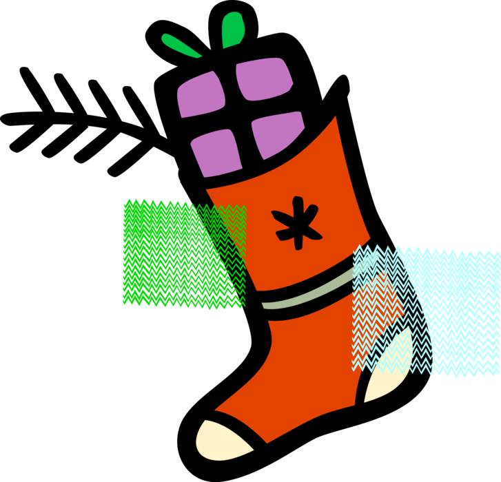 Vector Illustration of Festive Season Christmas Stocking with Gift Wrapped Present and Evergreen Tree Branch