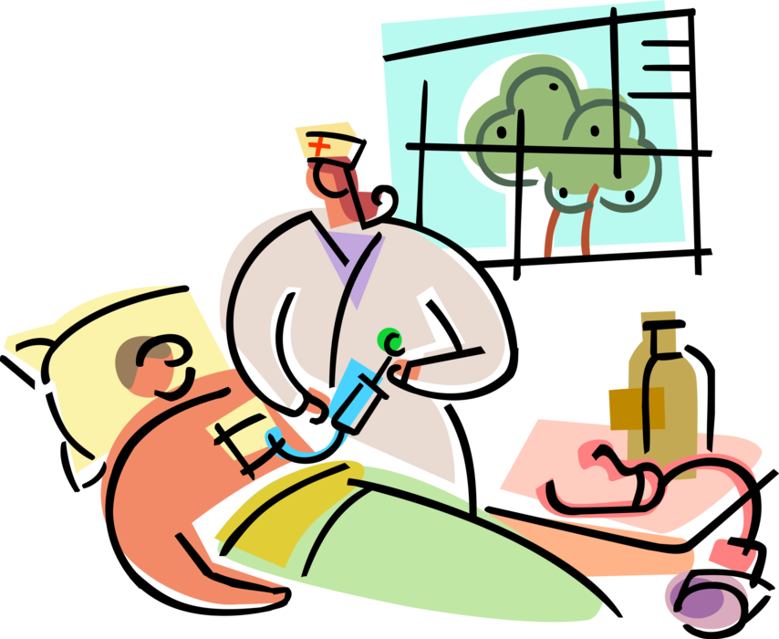 Vector Illustration of Hospital Medical Nurse Provides Health Care to Patient in Bed