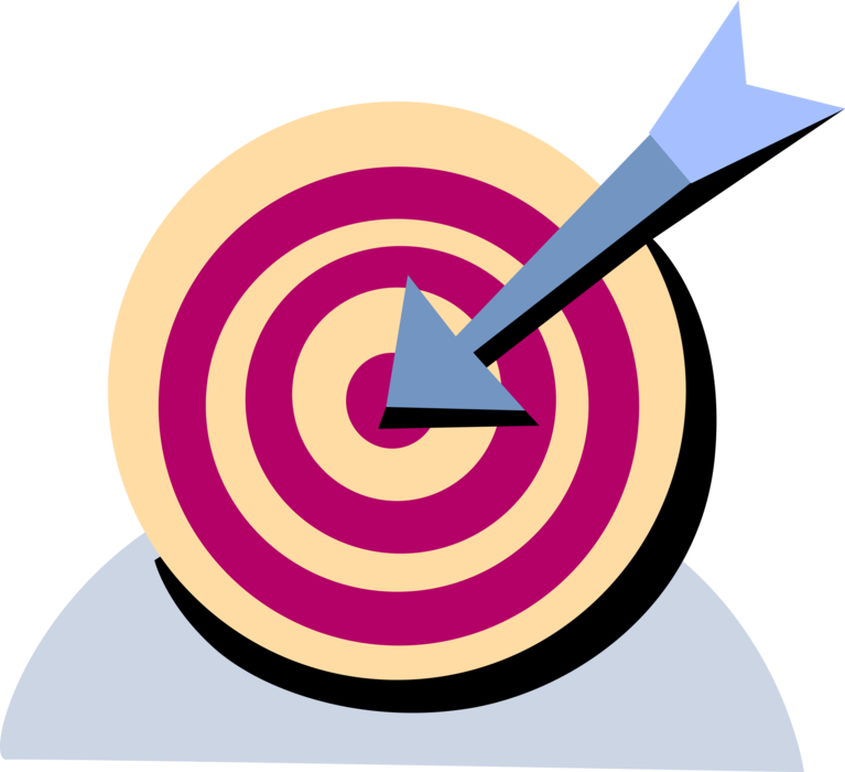 Vector Illustration of Archery Marksmanship Target and Arrow Hits Bullseye or Bull's-Eye