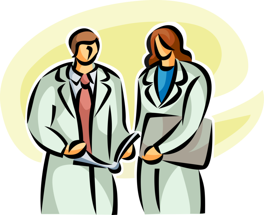 Vector Illustration of Health Care Professional Doctor Physicians Discuss Patient Medical Records