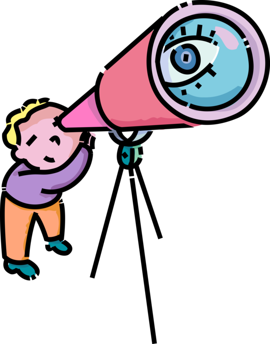 Vector Illustration of Primary or Elementary School Student Boy Fascinated by Astronomy Looks Through Telescope at Universe