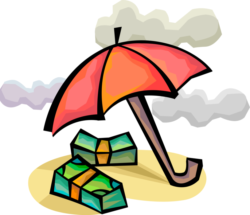 Vector Illustration of Stacks of Cash Money Dollars Protected from Risk with Umbrella or Parasol Protection