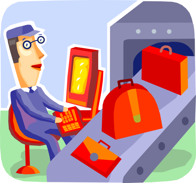 Vector Illustration of Airport Security Personnel Scan Air Travel Passenger Luggage Suitcases on Conveyor Belt