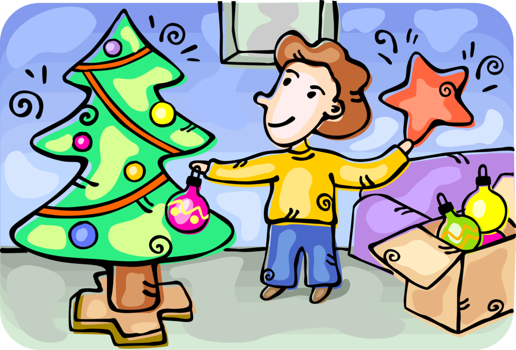 Vector Illustration of Woman Decorating Christmas Tree with Ornament Decorations and Star