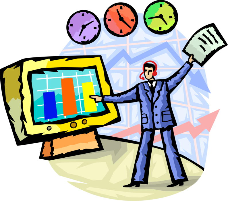 Vector Illustration of Businessman Provides Corporate Financial Forecast Report with Time Zone Clocks and Computer
