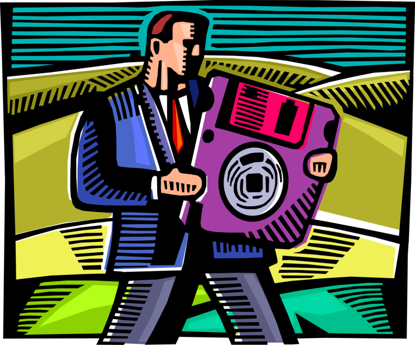 Vector Illustration of Professional Technologist Businessman with Digital Storage Media Diskette