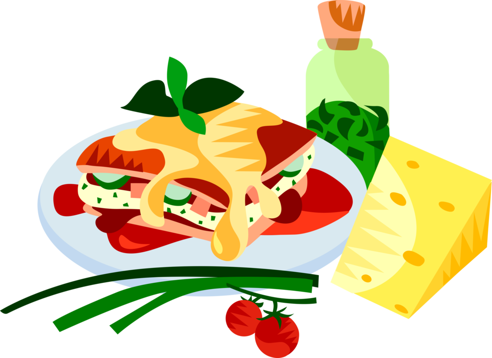 Vector Illustration of European Italian Cuisine Lasagna Flat-Shaped Pasta Dish