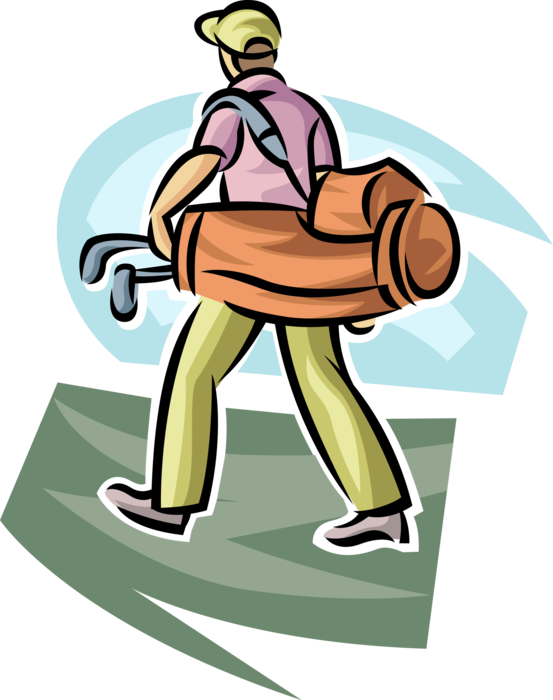 Vector Illustration of Sport of Golf Golfer Carries Golfing Bag with Golf Clubs During Round of Golf