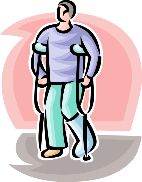 Vector Illustration of Accident Patient with Broken Leg Walks with Crutches