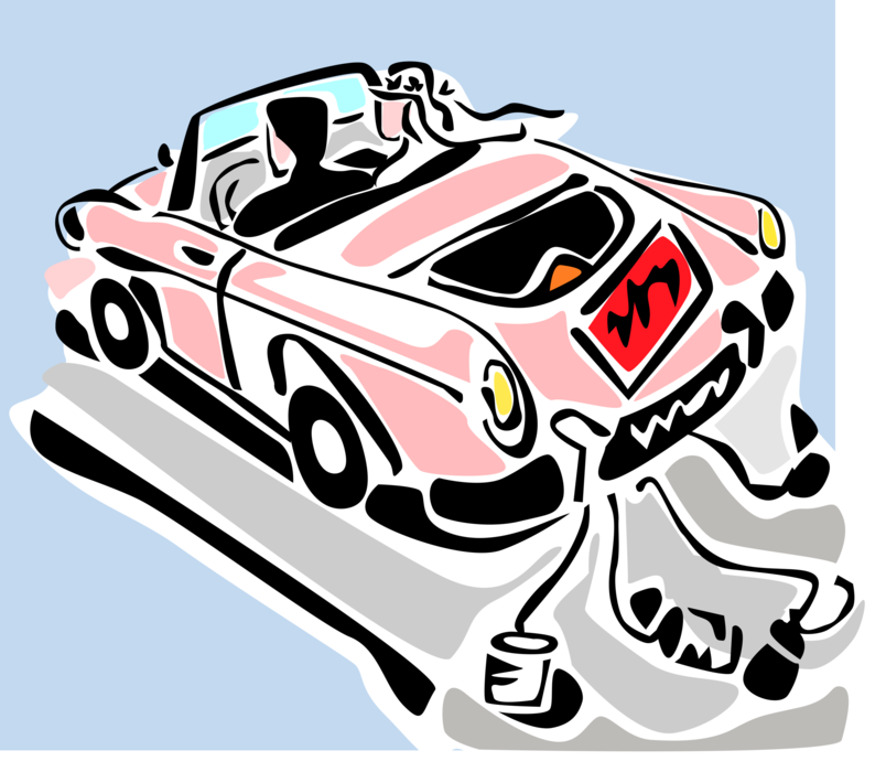 Vector Illustration of Wedding Bride and Groom Leave for Honeymoon in Just Married Automobile Motor Vehicle Car