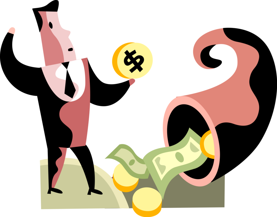 Vector Illustration of Businessman Receives Financial Cash Money Bonus from Corporate Profit Cornucopia Horn of Plenty