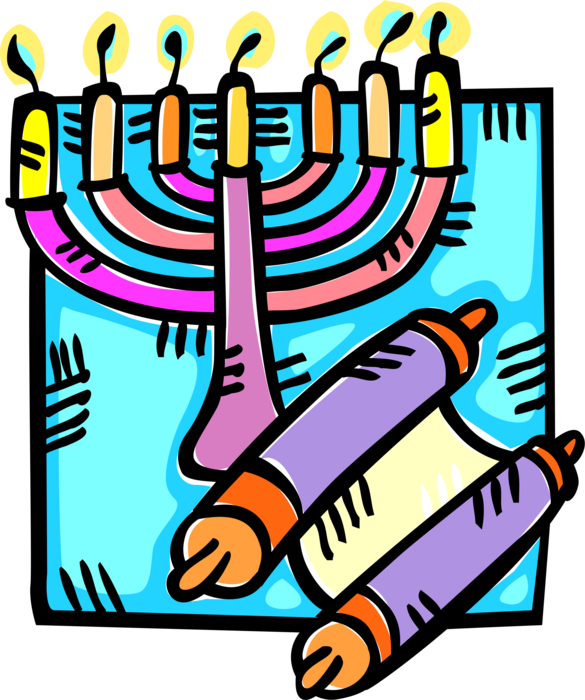 Vector Illustration of Hebrew Jewish Menorah Candelabrum Lampstand and Judaism Torah Parchment Scroll