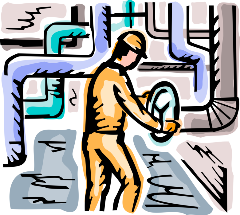 Vector Illustration of Industrial Factory Worker Adjusts Pressure Valve on Steam Pipe