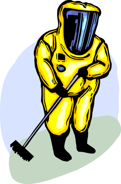 Vector Illustration of Homeland Security Personnel Wears Biohazard Toxic Chemical Suit with Cleaning Brush