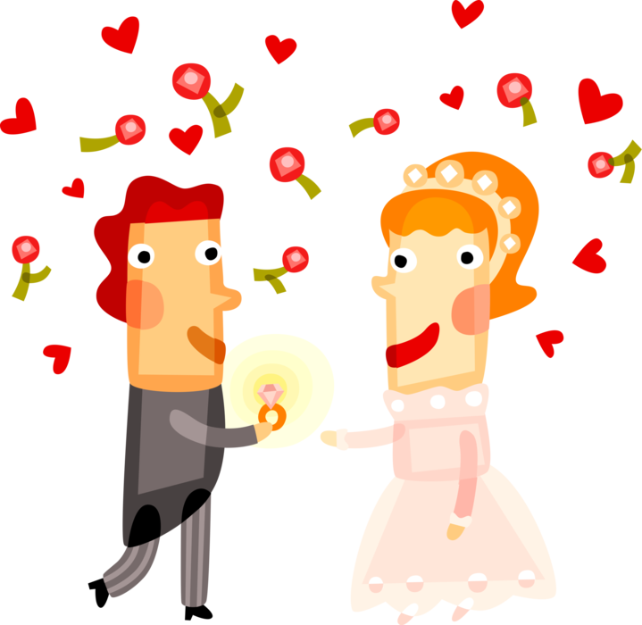 Vector Illustration of Wedding Day Bride and Groom Exchange Marriage Vows and Rings with Rose Petals and Love Hearts