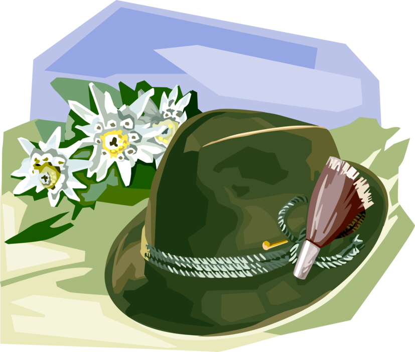 Vector Illustration of Tyrolean or Bavarian Alpine Hat with Edelweiss Flowers