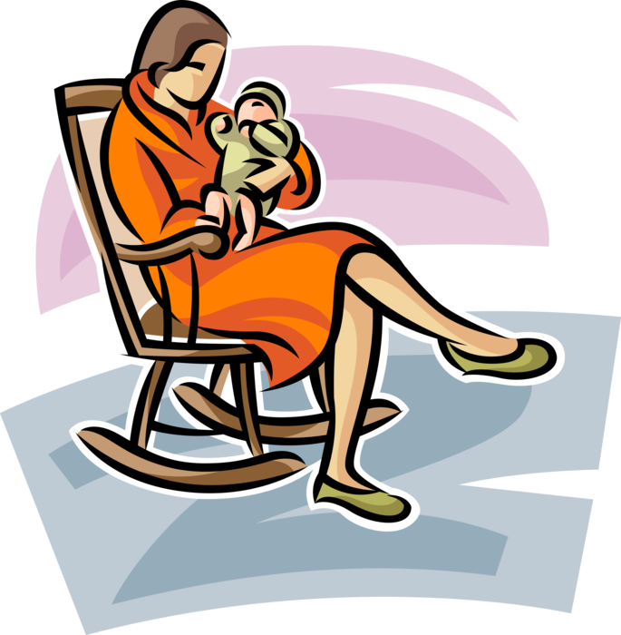 Vector Illustration of Mother with Newborn Infant Baby Sit in Rocking Chair