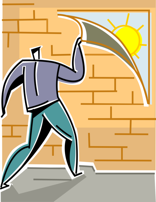 Vector Illustration of Businessman Facing Obstacle Brick Wall Able to See Brighter Future Beyond with Sunshine and Sunny Optimism