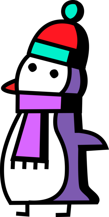 Vector Illustration of Aquatic Penguin Flightless Bird from Antarctica Wears Toque Hat and Scarf