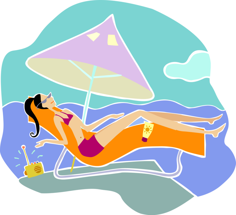 Vector Illustration of Holiday Vacation Getaway in Sun Relaxing on Beach with Lounge Chair and Shade Umbrella