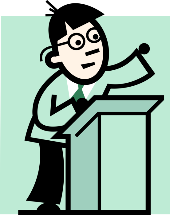 Vector Illustration of Business Presenter Speaks to Audience During Presentation at Podium