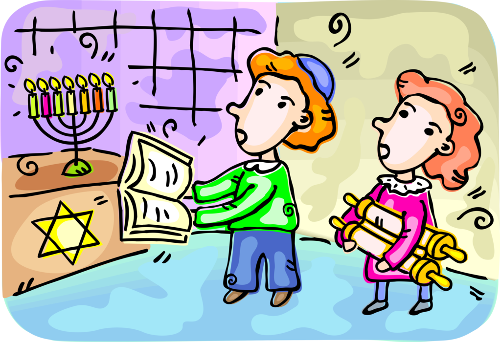 Vector Illustration of Hebrew Jewish Children Celebrate Hanukkah in Synagogue with Menorah Lampstand Candles Candelabrum 