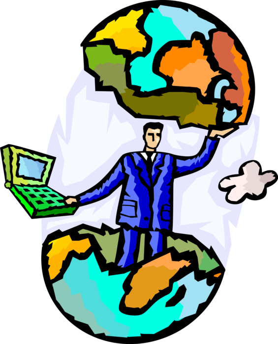 Vector Illustration of Businessman with Notebook Computer Hatches from Planet Earth World Eggshell
