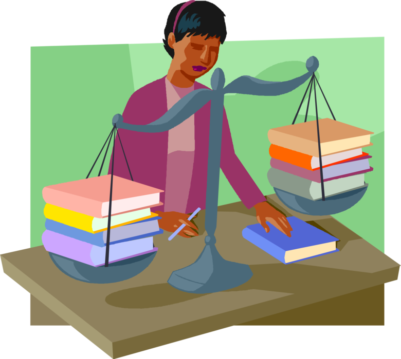 Vector Illustration of Librarian with Books and Weighing Scales Weigh Importance of Textbooks