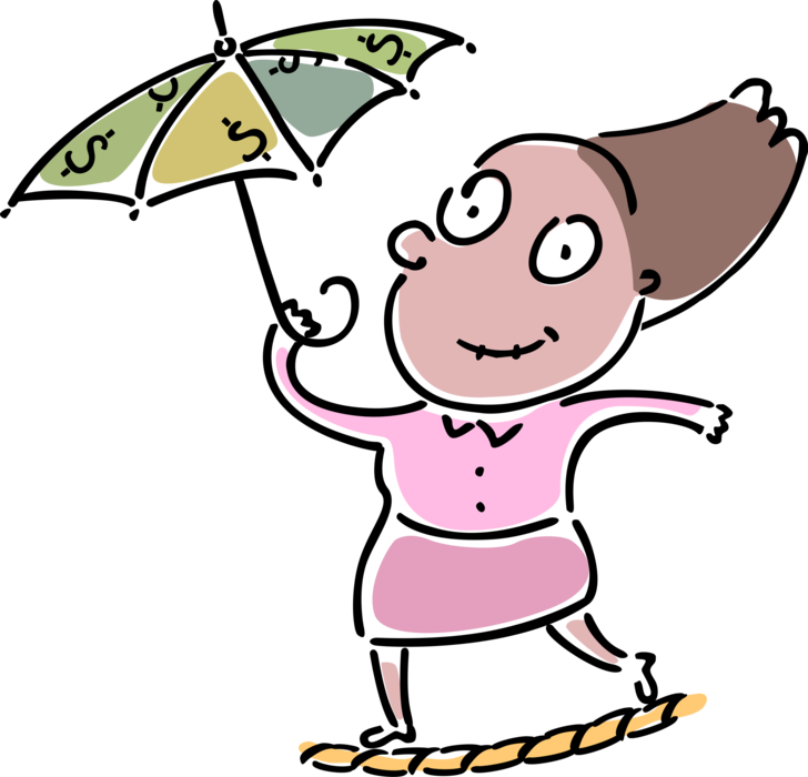 Vector Illustration of Businesswoman Walks Highwire Tightrope with Financial Cash Money Umbrella Security