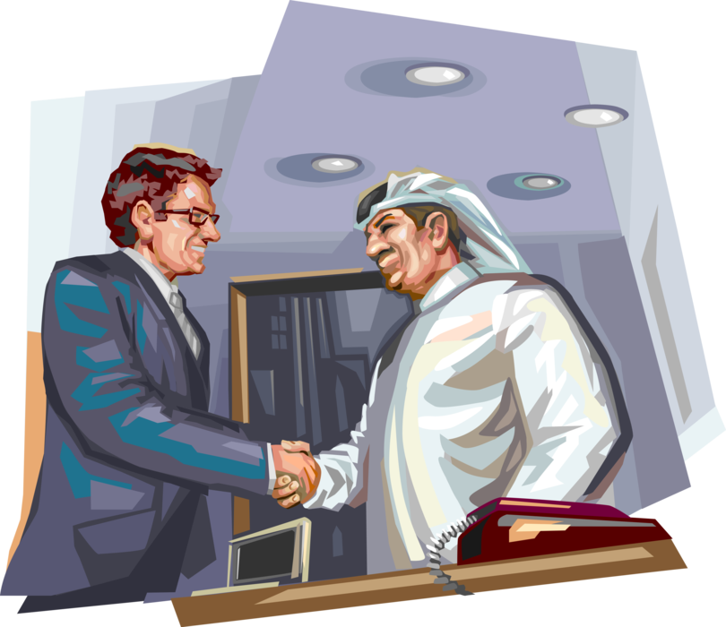 Vector Illustration of Western Businessman Shaking Hands with Middle Eastern Arab in Business Meeting