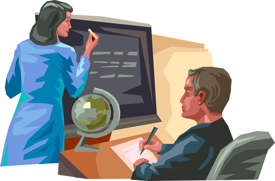 Vector Illustration of Teacher Professor Teaching Student in School Classroom at Chalkboard Blackboard