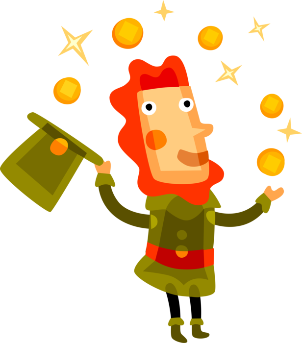 Vector Illustration of Irish Mythology Leprechaun Juggles Gold Coins on St. Patrick's Day