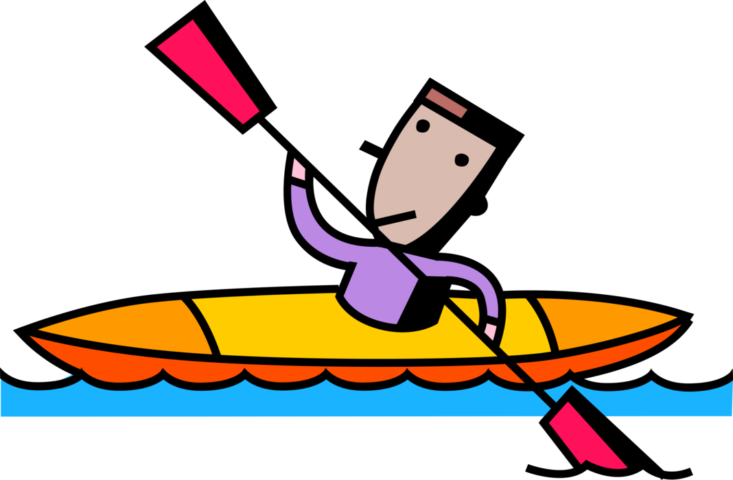 Vector Illustration of Kayaker Kayaking Rapids in Kayak Watercraft with Oar