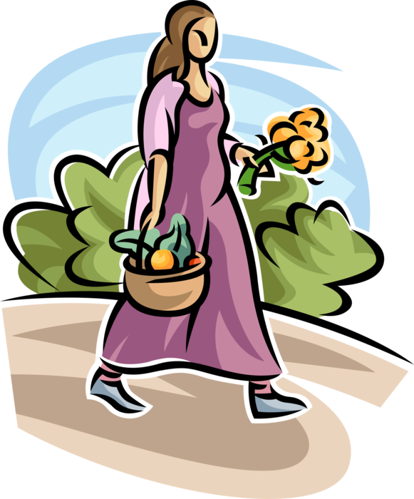 Vector Illustration of Gardener Walks with Basket of Garden Fruit and Vegetables