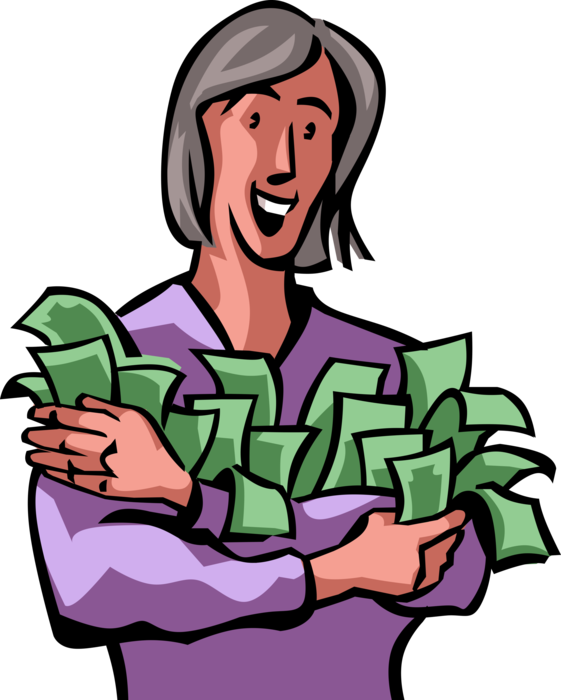 Vector Illustration of Businesswoman Achieves Financial Security with Windfall Cash Money Dollars