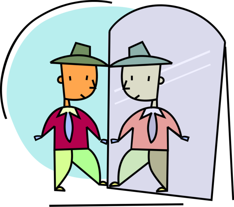 Vector Illustration of Businessman Buys New Clothing Suit, Looks in Mirror and Sees Reflection