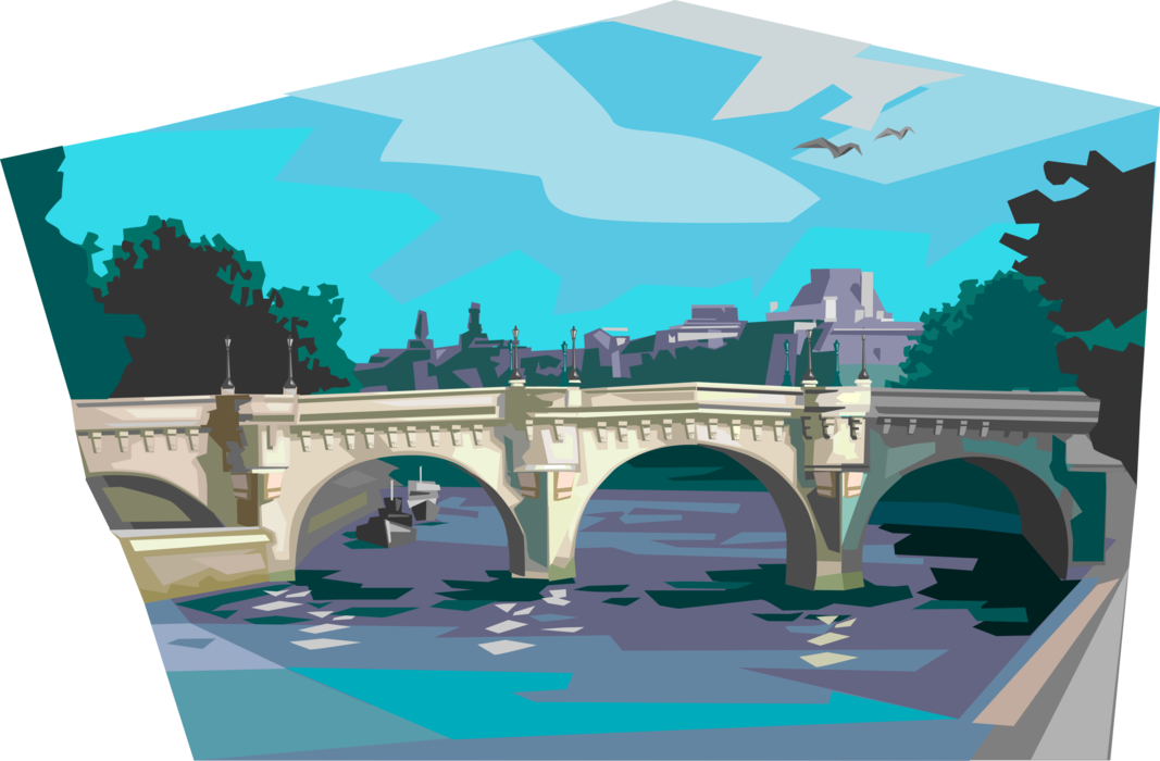 Vector Illustration of Pont Neuf Oldest Standing Bridge Across River Seine, Paris, France