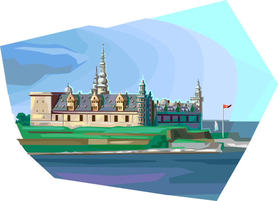 Vector Illustration of Kronborg Castle Immortalized as Elsinore in William Shakespeare's Play Hamlet, Helsingør, Denmark