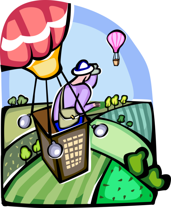 Vector Illustration of Hot Air Balloon with Gondola Wicker Basket Carries Passenger Aloft Flying Over Countryside