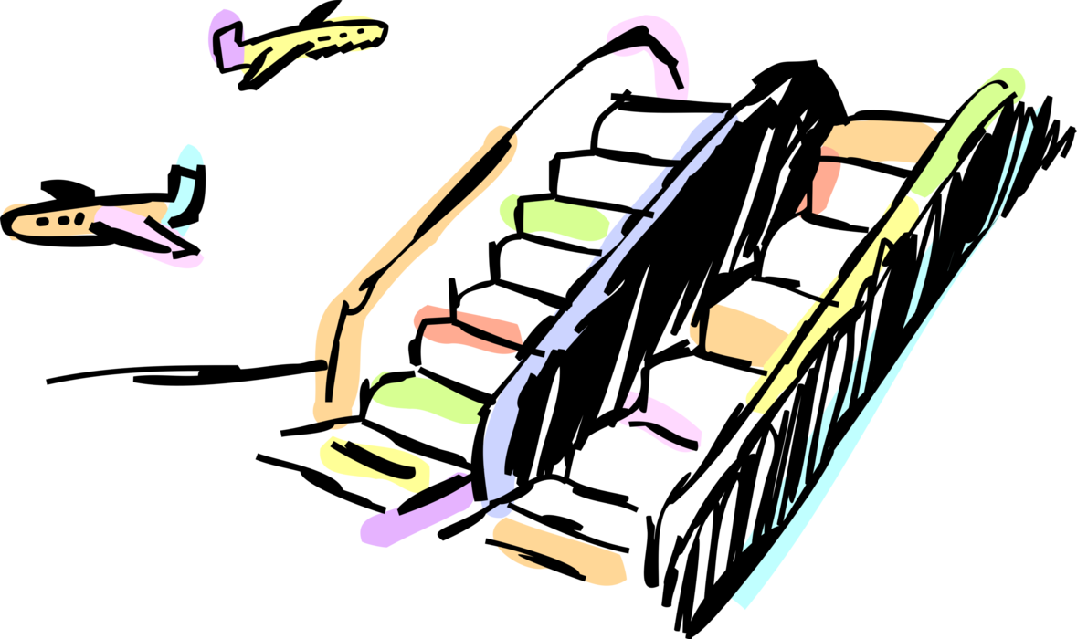 Vector Illustration of Stairway on Airport Runway for Loading Passengers on Passenger Jet Aircraft Airplanes