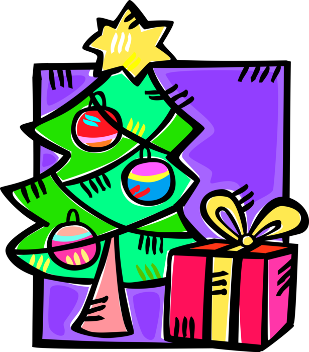 Vector Illustration of Festive Season Christmas Tree with Ornament Decorations and Gift Wrapped Present