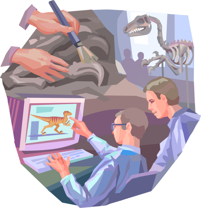 Vector Illustration of Museum Paleontologists Excavate and Study Dinosaur Fossil Bones with Computer Technology