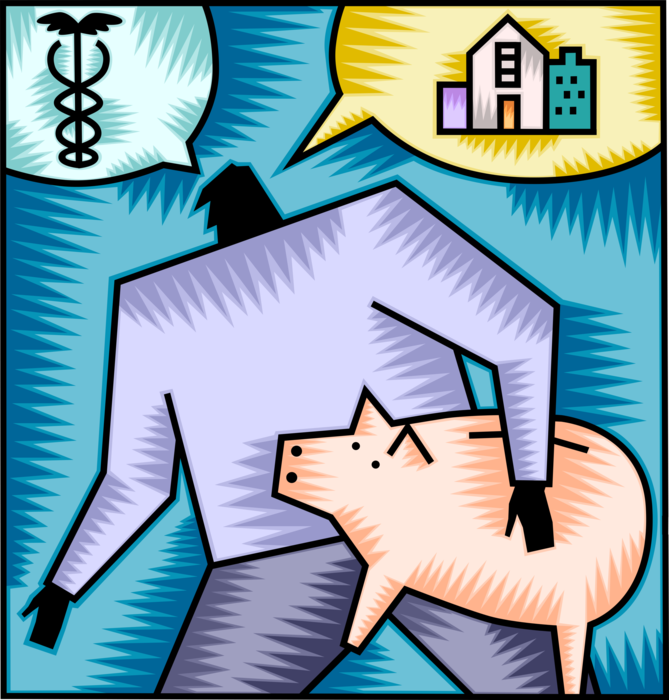 Vector Illustration of Relying on Savings Piggy Bank to Cover Health Care Insurance and Home Mortgage Financing Costs