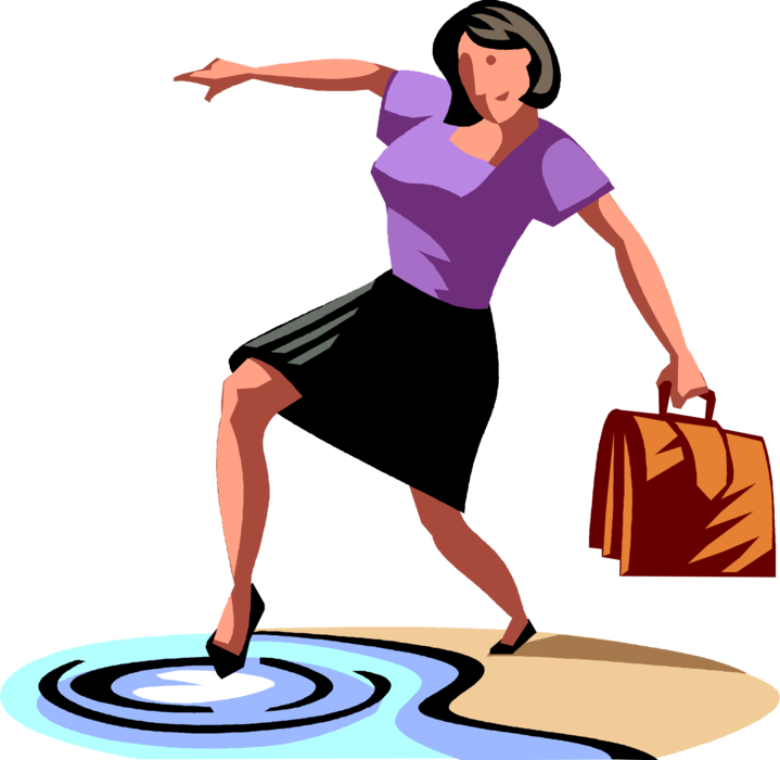 Vector Illustration of Businesswoman Dips Toe to Tests the Water to Determine Likelihood of Venture's Success