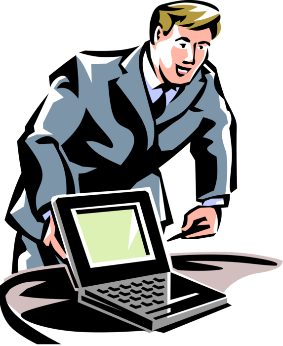 Vector Illustration of Businessman Delivers Business Presentation with Notebook Computer