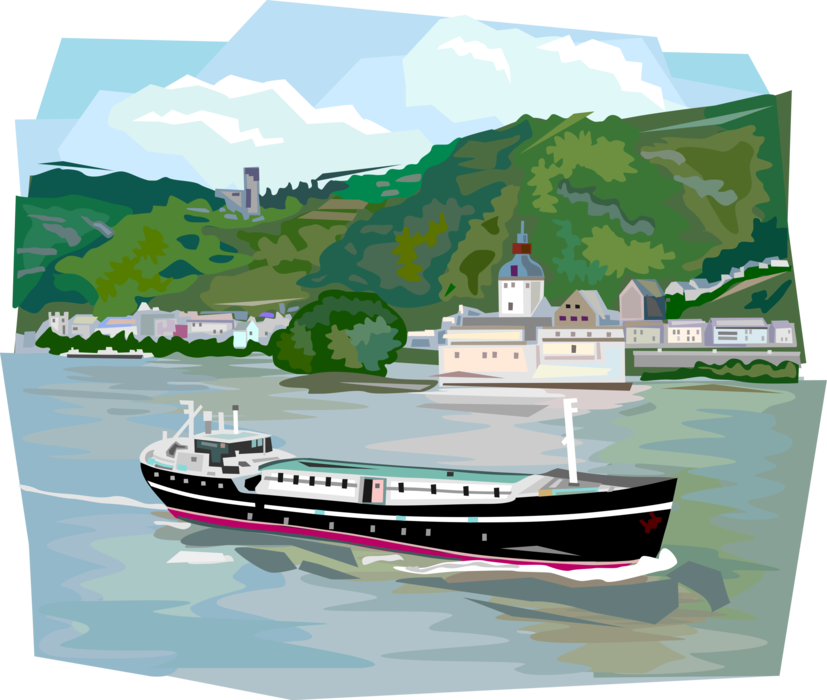 Vector Illustration of German River Boat in the Rhine River, Germany