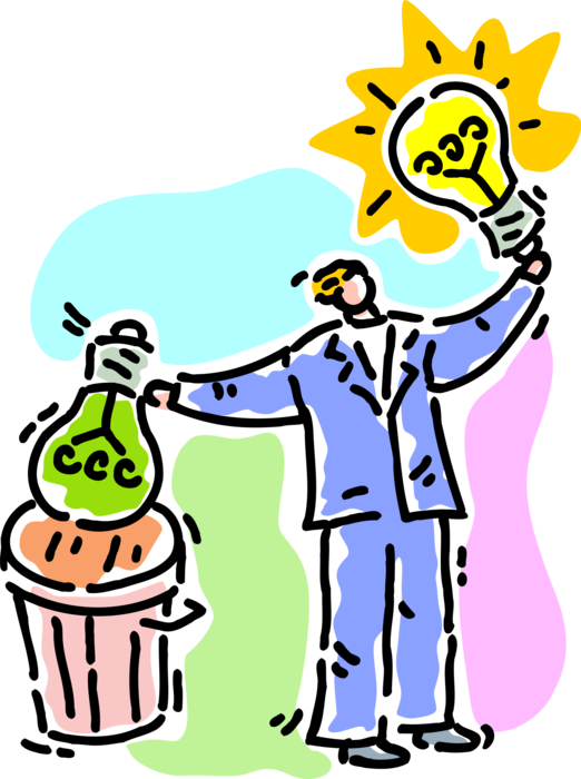 Vector Illustration of Businessman Discards Old Idea Favoring New Idea Electric Light Bulb Symbol of Invention, Innovation