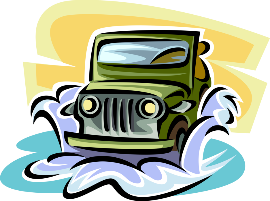 Vector Illustration of Jeep Sports Utility Off-Road Automobile Motor Vehicle Traverses Water