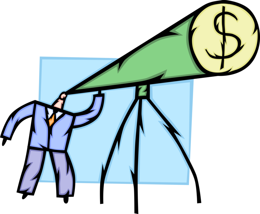 Vector Illustration of Businessman Oracle Predicts Business Financial Profitability with Telescope