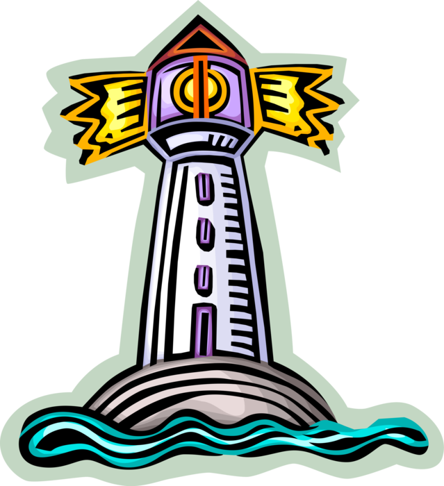 Vector Illustration of Lighthouse Beacon Emits Light as Navigational Aid for Maritime Vessels